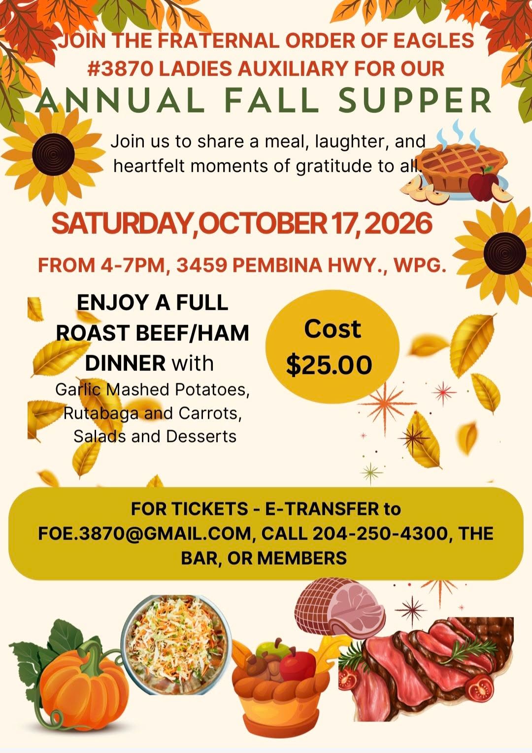 2026-10-17 – Fraternal Order of Eagles #3870 Ladies Auxiliary Annual Fall Supper