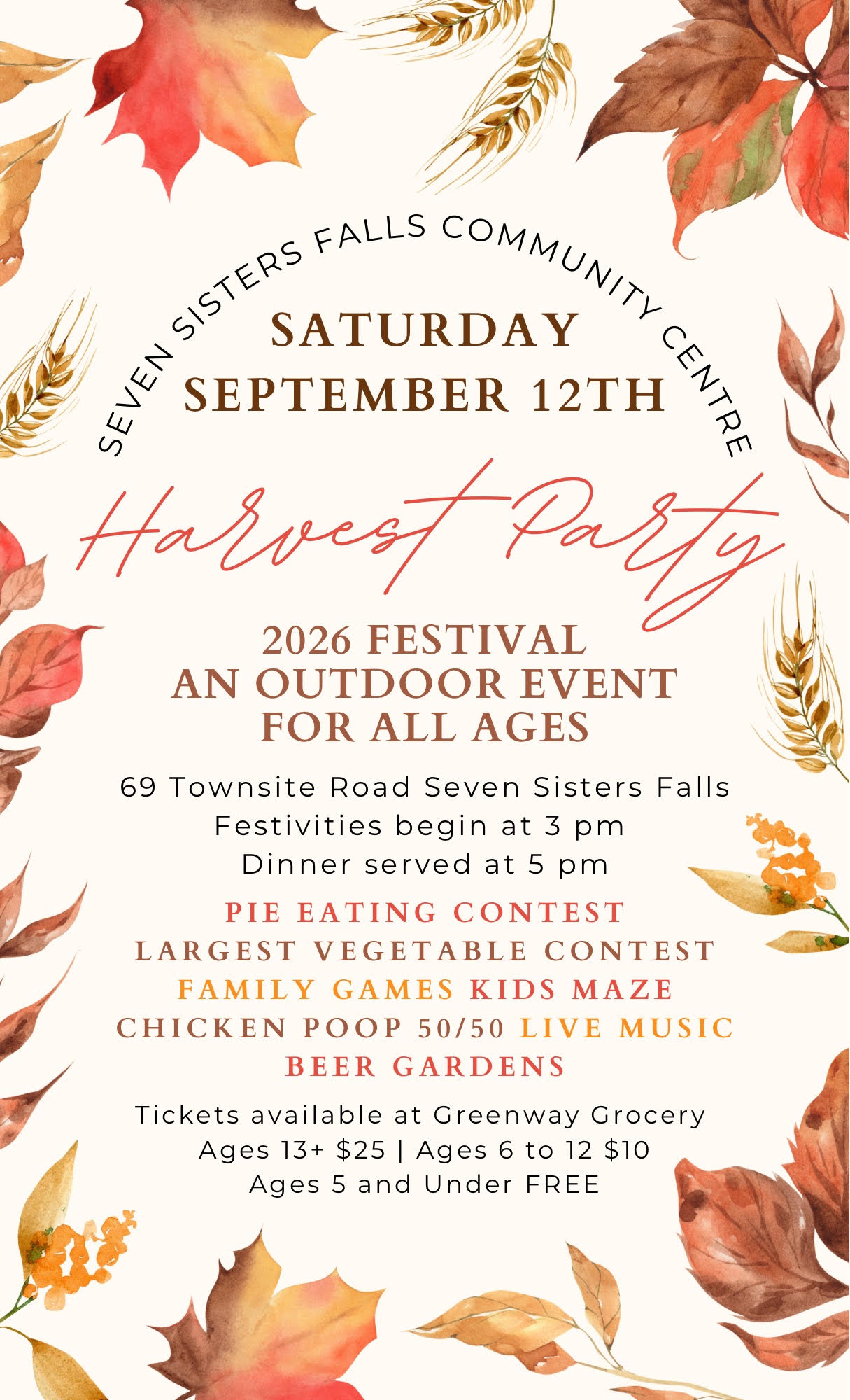 2026-09-12 – Seven Sisters Falls Community Centre 11th Annual Harvest Party